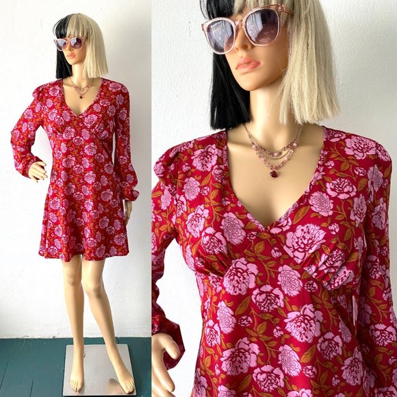RedFloral Babydoll Minidress | NASTY GAL | Long Sleeve Fall Dress | Size 8 Dress - Picture 1 of 10
